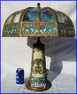 RARE & LARGE Antique Vintage Blue and Caramel Slag Glass Lamp with Light Up Base