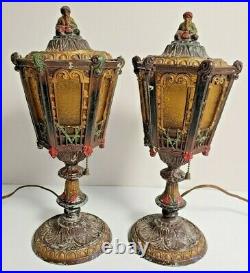 RARE PAIR Antique 16 Ornate Metal Boudoir Slag Glass Table Lamp Arab Man Finial