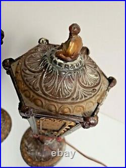 RARE PAIR Antique 16 Ornate Metal Boudoir Slag Glass Table Lamp Arab Man Finial