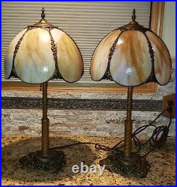 RARE (Pair) Of ANTIQUE FILLIGREE SLAG GLASS Lamps, NEW PERIOD WIRE. VERY NICE