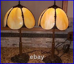 RARE (Pair) Of ANTIQUE FILLIGREE SLAG GLASS Lamps, NEW PERIOD WIRE. VERY NICE