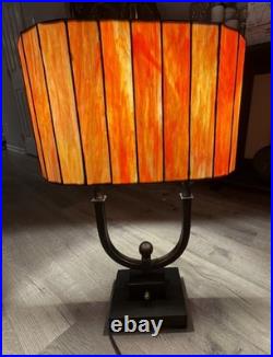 RARE. Vtg Oval Slag Glass Table Lamp Tiffany Style Amber Art Deco Accent Lamp