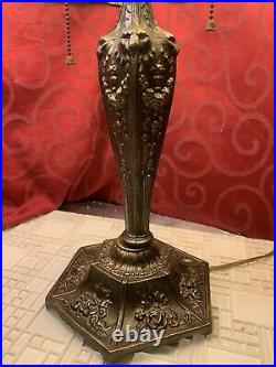READ DESCRIPTION Antique Bronze Brass LAMP with SLAG GLASS SHADE Overlay Filigree