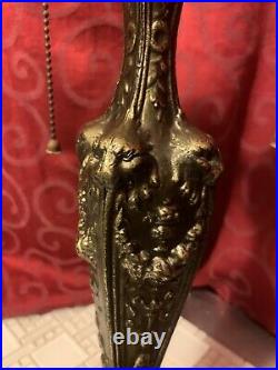 READ DESCRIPTION Antique Bronze Brass LAMP with SLAG GLASS SHADE Overlay Filigree