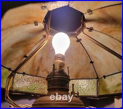 REDUCEDANTIQUE c1900's BENT SLAG GLASS HANGING OIL LAMP ORNATE SHADE WORKS