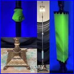 RESTORED Antique Vtg Arts & Crafts Deco Floor Lamp Uranium Vaseline Glass Brass