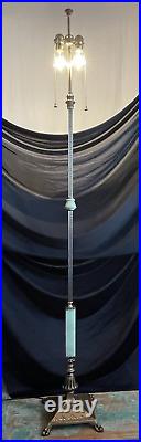 RESTORED Antique Vtg Arts & Crafts Deco Floor Lamp Uranium Vaseline Glass Brass