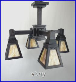 REWIRED 1910 Antique Vtg WOOD Arts & Crafts Mission Chandelier Slag Glass Shade