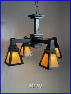 REWIRED 1910 Antique Vtg WOOD Arts & Crafts Mission Chandelier Slag Glass Shade