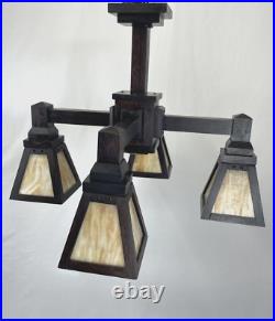 REWIRED 1910 Antique Vtg WOOD Arts & Crafts Mission Chandelier Slag Glass Shade