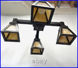REWIRED 1910 Antique Vtg WOOD Arts & Crafts Mission Chandelier Slag Glass Shade
