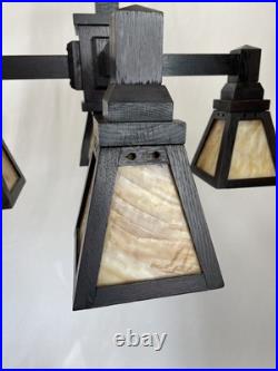 REWIRED 1910 Antique Vtg WOOD Arts & Crafts Mission Chandelier Slag Glass Shade