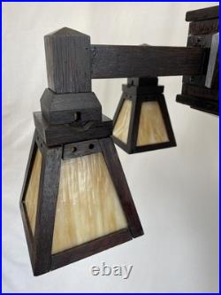 REWIRED 1910 Antique Vtg WOOD Arts & Crafts Mission Chandelier Slag Glass Shade