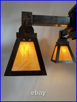 REWIRED 1910 Antique Vtg WOOD Arts & Crafts Mission Chandelier Slag Glass Shade