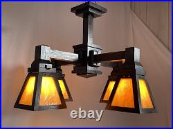 REWIRED 1910 Antique Vtg WOOD Arts & Crafts Mission Chandelier Slag Glass Shade
