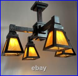REWIRED 1910 Antique Vtg WOOD Arts & Crafts Mission Chandelier Slag Glass Shade