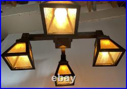 REWIRED 1910 Antique Vtg WOOD Arts & Crafts Mission Chandelier Slag Glass Shade