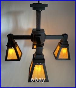 REWIRED 1910 Antique Vtg WOOD Arts & Crafts Mission Chandelier Slag Glass Shade