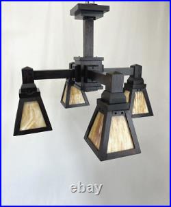 REWIRED 1910 Antique Vtg WOOD Arts & Crafts Mission Chandelier Slag Glass Shade