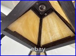 REWIRED 1910 Antique Vtg WOOD Arts & Crafts Mission Chandelier Slag Glass Shade