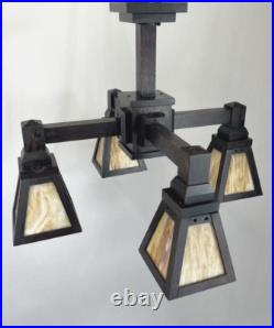 REWIRED 1910 Antique Vtg WOOD Arts & Crafts Mission Chandelier Slag Glass Shade