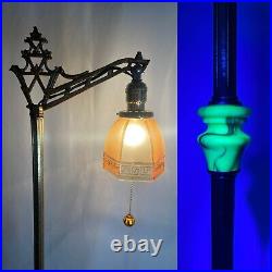 REWIRED Antique Vtg Art Deco Bridge Floor Lamp Uranium Vaseline Glass Brass 20s