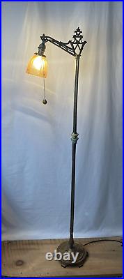 REWIRED Antique Vtg Art Deco Bridge Floor Lamp Uranium Vaseline Glass Brass 20s