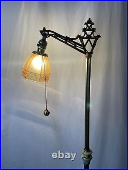 REWIRED Antique Vtg Art Deco Bridge Floor Lamp Uranium Vaseline Glass Brass 20s