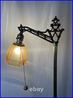 REWIRED Antique Vtg Art Deco Bridge Floor Lamp Uranium Vaseline Glass Brass 20s