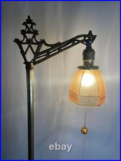 REWIRED Antique Vtg Art Deco Bridge Floor Lamp Uranium Vaseline Glass Brass 20s