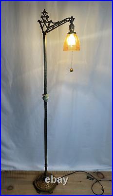 REWIRED Antique Vtg Art Deco Bridge Floor Lamp Uranium Vaseline Glass Brass 20s