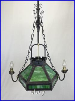 REWIRED Antique Vtg Arts Crafts Mission Chandelier Green Panel Slag Glass Tudor