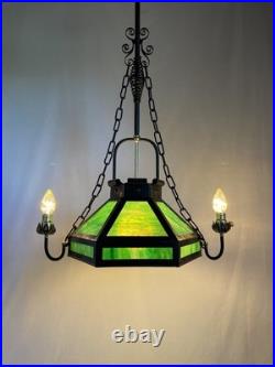 REWIRED Antique Vtg Arts Crafts Mission Chandelier Green Panel Slag Glass Tudor