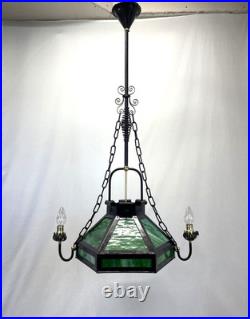 REWIRED Antique Vtg Arts Crafts Mission Chandelier Green Panel Slag Glass Tudor