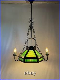REWIRED Antique Vtg Arts Crafts Mission Chandelier Green Panel Slag Glass Tudor