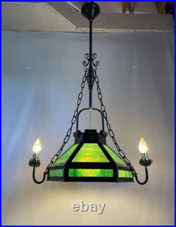 REWIRED Antique Vtg Arts Crafts Mission Chandelier Green Panel Slag Glass Tudor