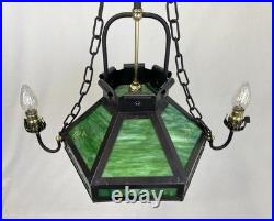 REWIRED Antique Vtg Arts Crafts Mission Chandelier Green Panel Slag Glass Tudor