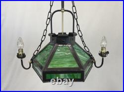 REWIRED Antique Vtg Arts Crafts Mission Chandelier Green Panel Slag Glass Tudor