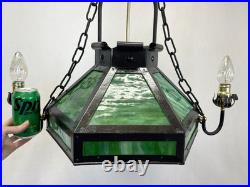 REWIRED Antique Vtg Arts Crafts Mission Chandelier Green Panel Slag Glass Tudor