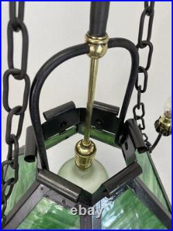 REWIRED Antique Vtg Arts Crafts Mission Chandelier Green Panel Slag Glass Tudor