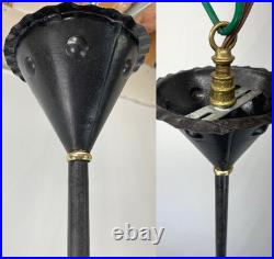 REWIRED Antique Vtg Arts Crafts Mission Chandelier Green Panel Slag Glass Tudor