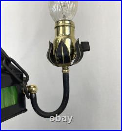 REWIRED Antique Vtg Arts Crafts Mission Chandelier Green Panel Slag Glass Tudor