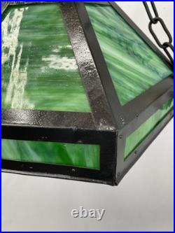REWIRED Antique Vtg Arts Crafts Mission Chandelier Green Panel Slag Glass Tudor
