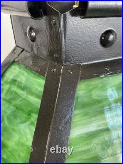 REWIRED Antique Vtg Arts Crafts Mission Chandelier Green Panel Slag Glass Tudor