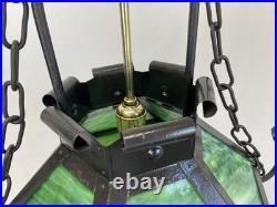 REWIRED Antique Vtg Arts Crafts Mission Chandelier Green Panel Slag Glass Tudor