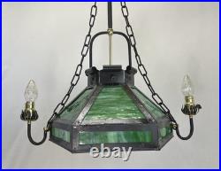REWIRED Antique Vtg Arts Crafts Mission Chandelier Green Panel Slag Glass Tudor