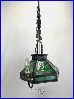 REWIRED Antique Vtg Arts Crafts Mission Chandelier Green Panel Slag Glass Tudor