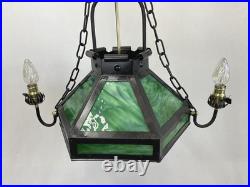 REWIRED Antique Vtg Arts Crafts Mission Chandelier Green Panel Slag Glass Tudor