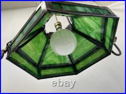 REWIRED Antique Vtg Arts Crafts Mission Chandelier Green Panel Slag Glass Tudor