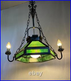 REWIRED Antique Vtg Arts Crafts Mission Chandelier Green Panel Slag Glass Tudor